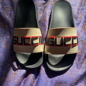 Gucci Black and Beige Slides with Red Accents